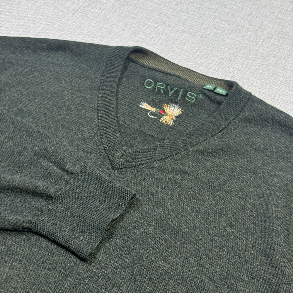 Orvis Merino Wool Sweater Pullover Mens XL Green V-Neck Long Sleeve